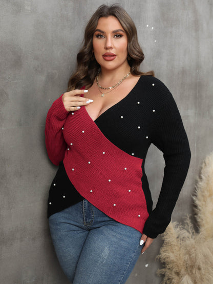 Women's Splicing Sexy Deep V Beaded Sweater Long Sleeve