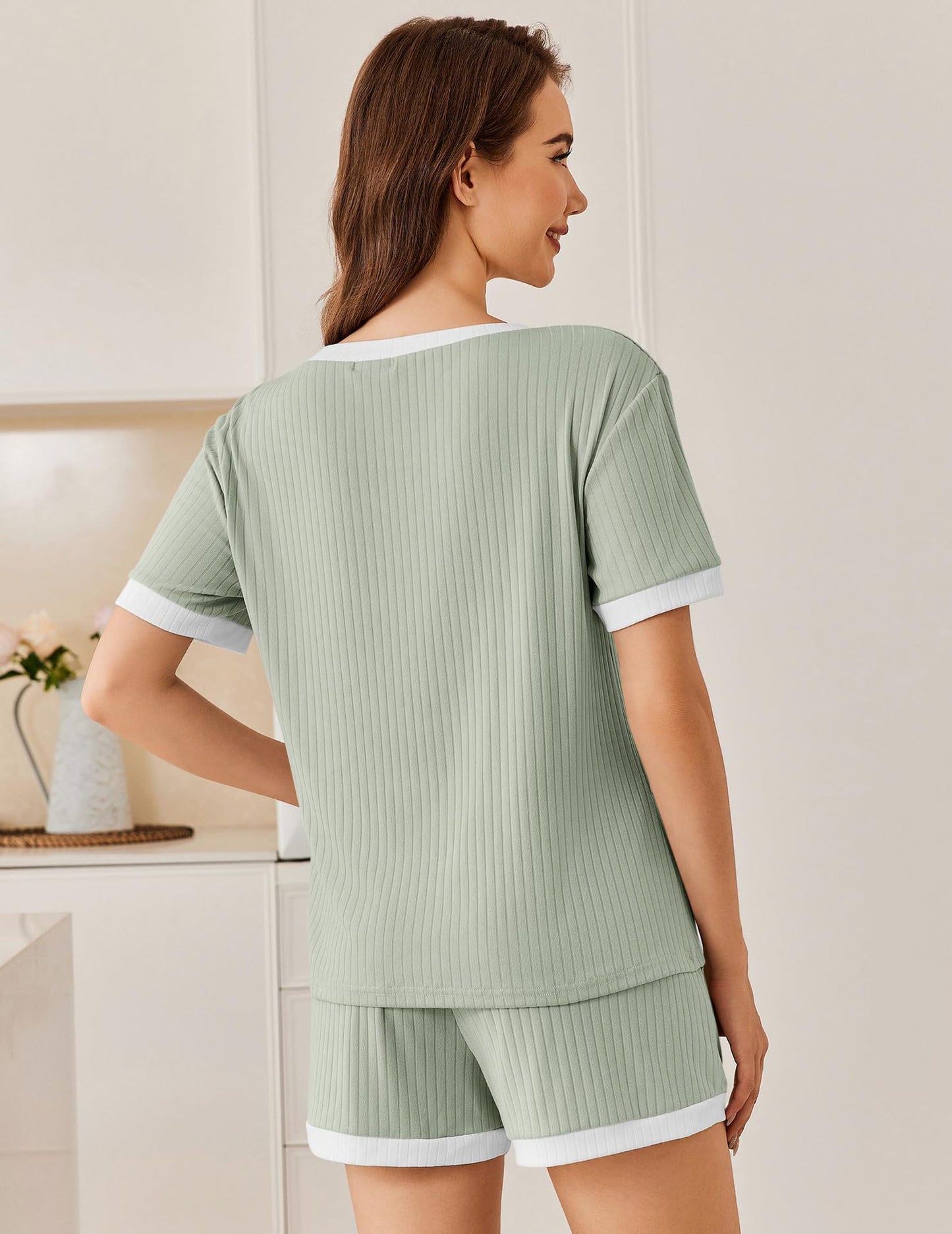 Ribbed Colorblock Lounge Shorts Set Summer Pajama