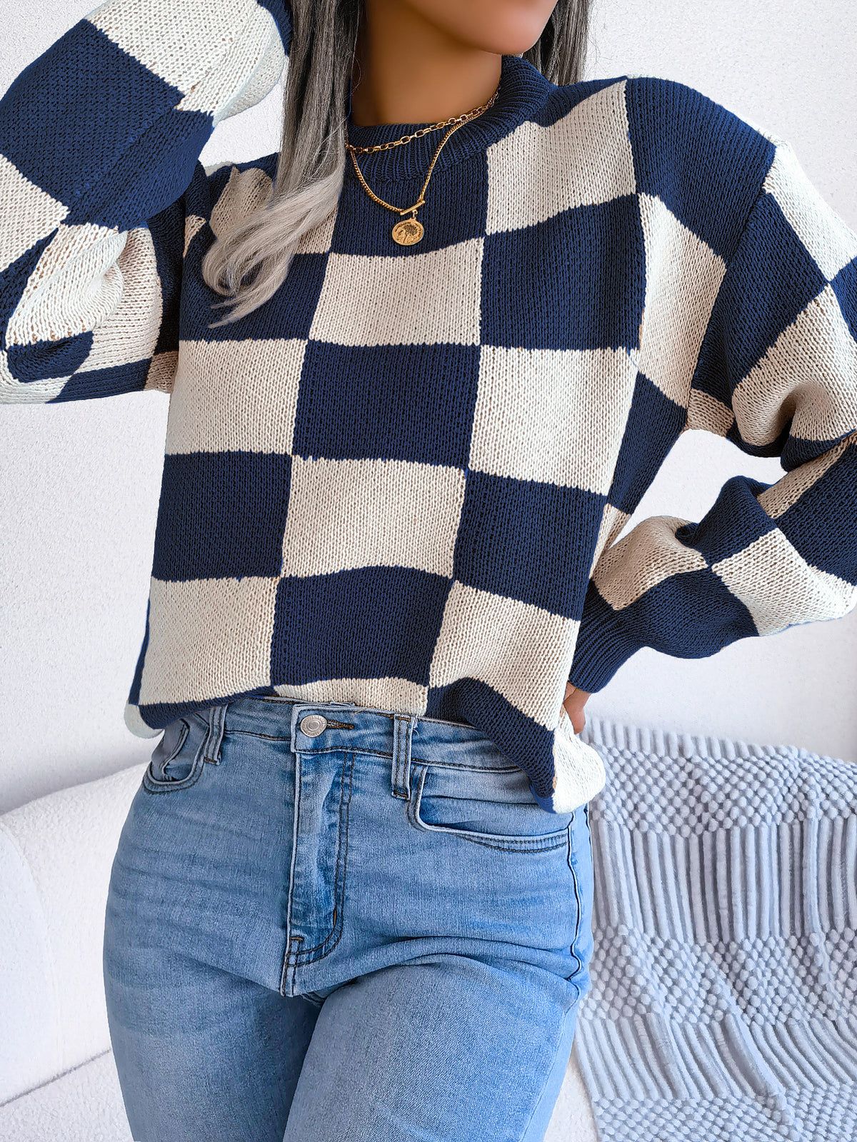 Women's Colorblock Checkerboard Balloon Sleeve Sweater
