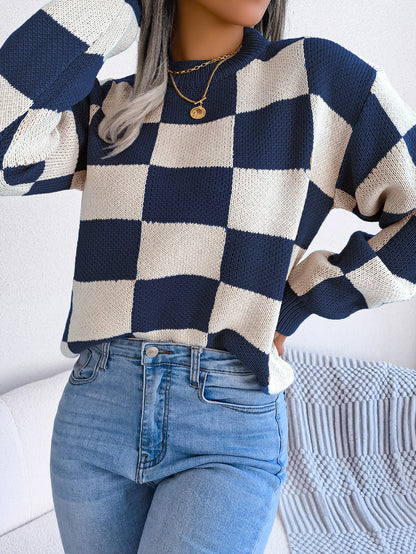 Women's Colorblock Checkerboard Balloon Sleeve Sweater