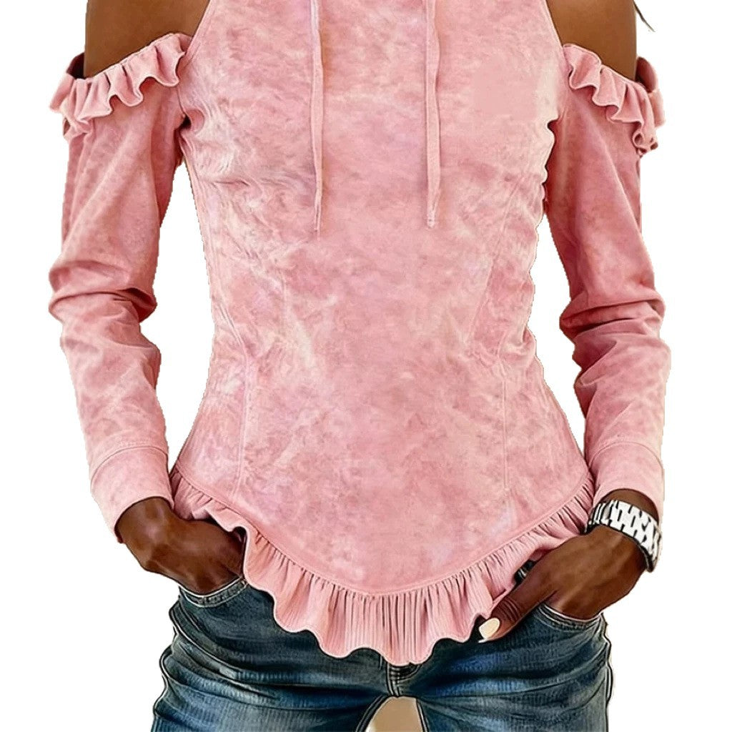 Women's Cold Shoulder Ruffle Long Sleeve Drawstring Hoodie