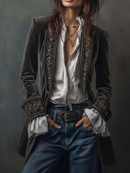 Women's Velvet Embroidered Blazer Open Front Vintage