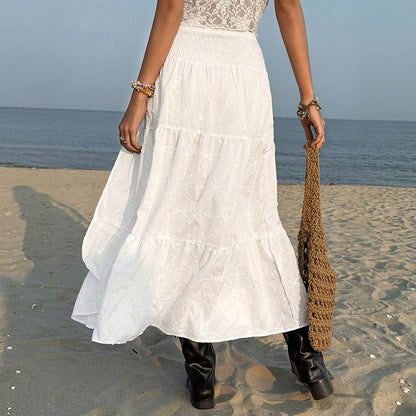 White Boho Maxi Skirt High Slit Embroidered Flowy Summer Vacation