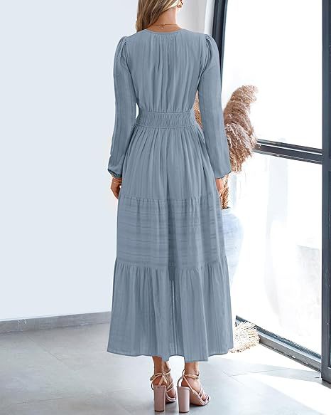 Women's V-Neck Long Sleeve Tiered Maxi Smocked Cotton Dress