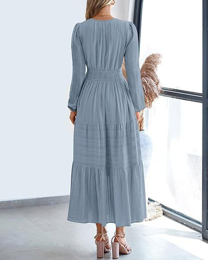 Women's V-Neck Long Sleeve Tiered Maxi Smocked Cotton Dress