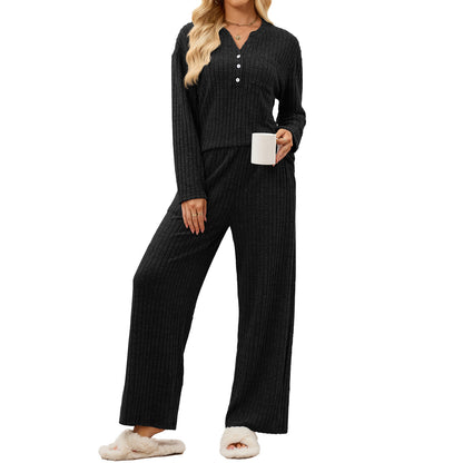 Women's Ribbed V-Neck Button Top Wide Leg Pants Lounge Set