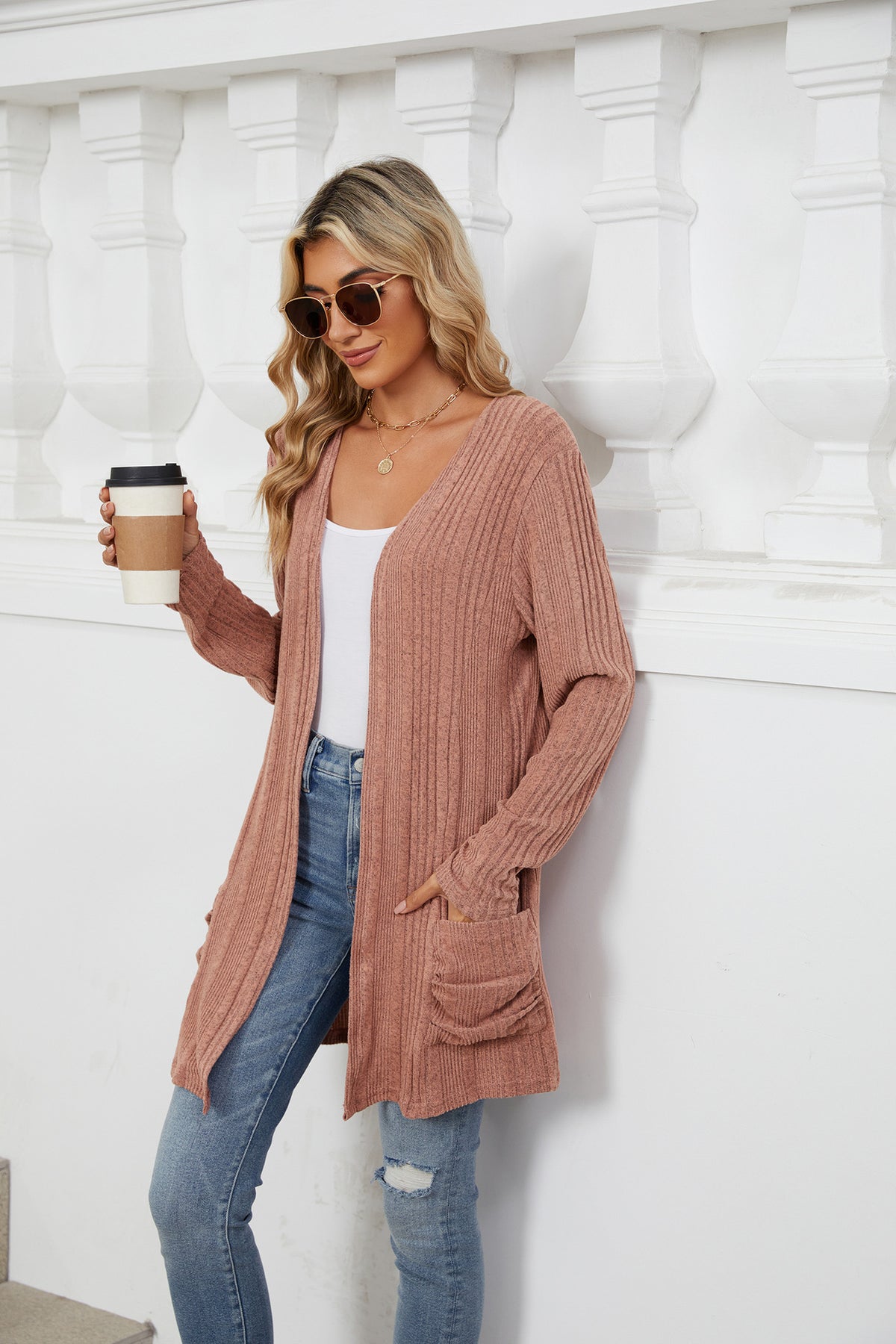 Women's Long Sleeve Ribbed Open Front Cardigan Pockets
