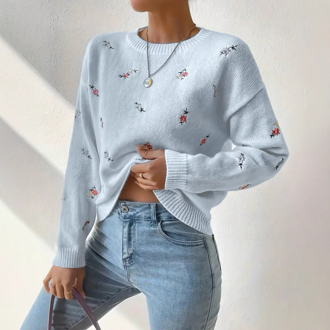 Women's Floral Embroidered Crew Neck Knit Sweater