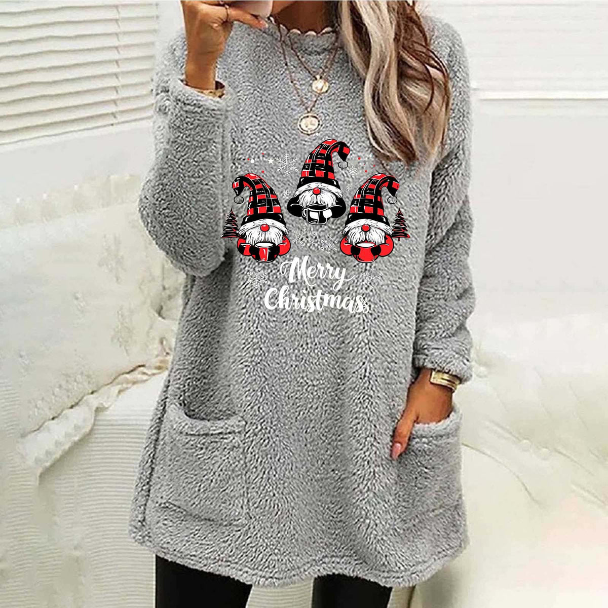 Womens Christmas Gnome Sherpa Tunic Sweatshirt