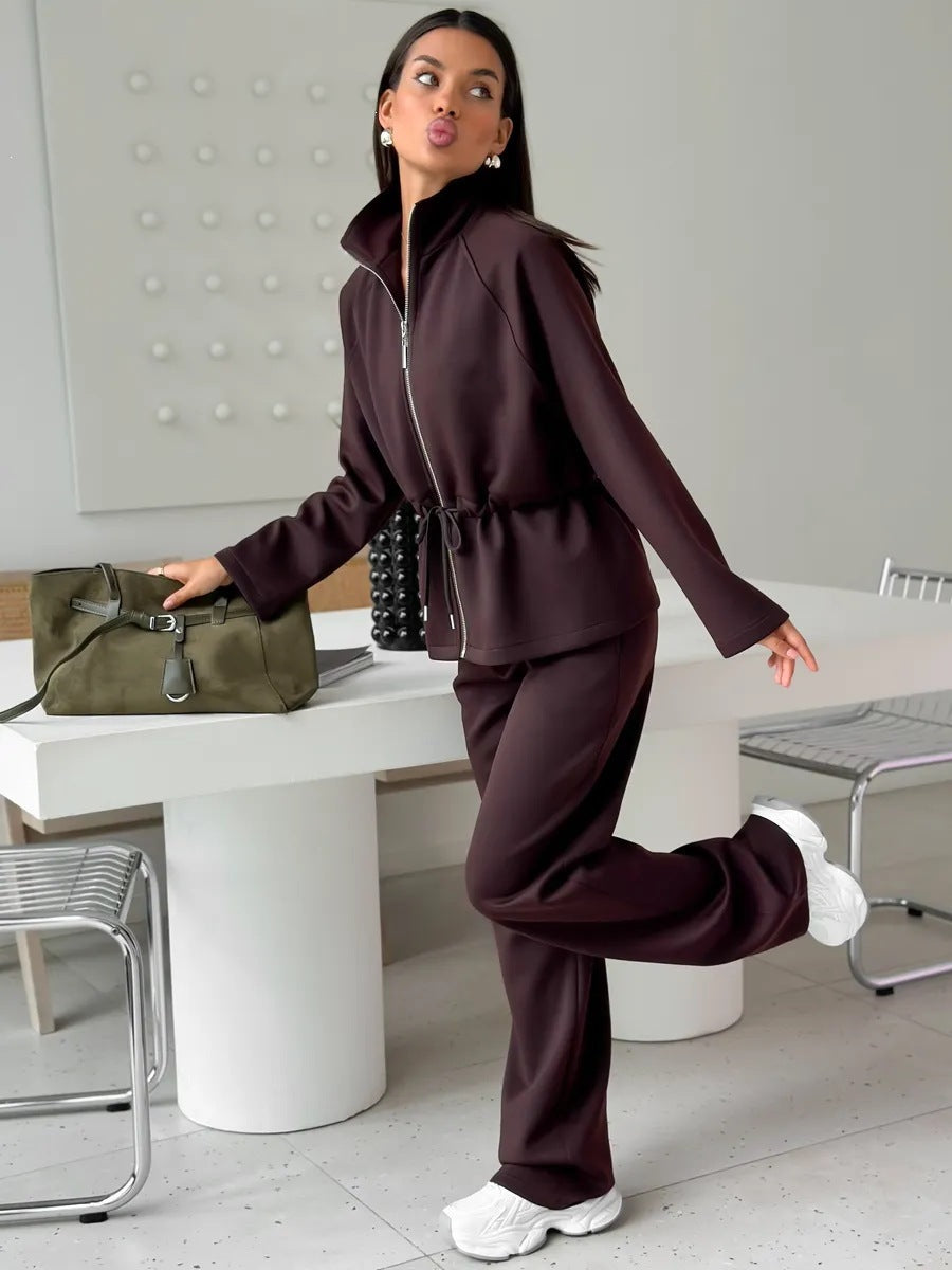 Women's Zip Up Drawstring Jacket Wide Leg Pants Set