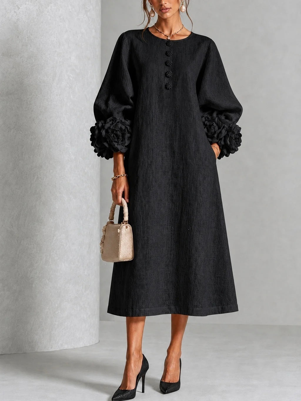 Women's Linen Midi Dress 3D Floral Cuff Button Front