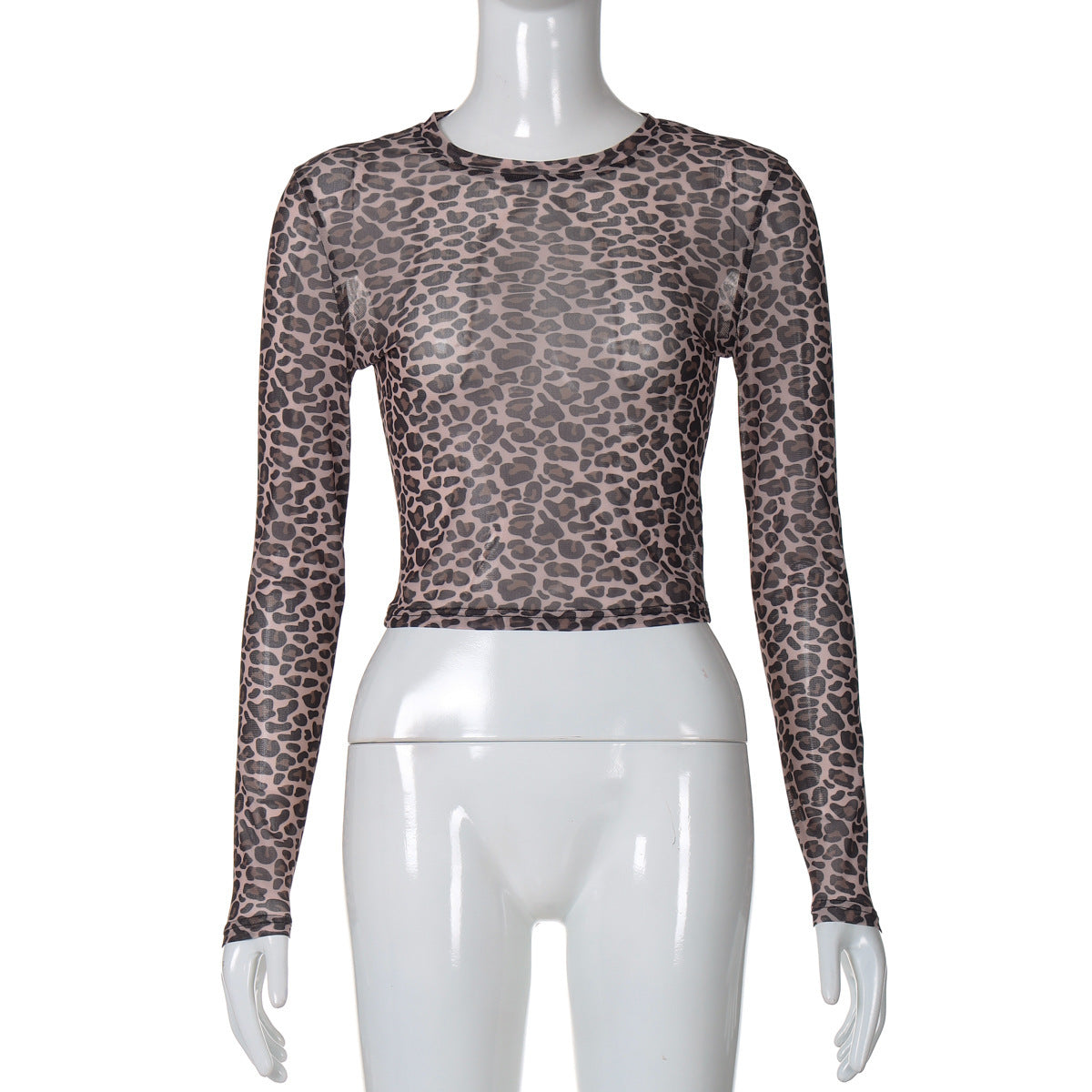 Leopard Print Sheer Mesh Long Sleeve Crop Top