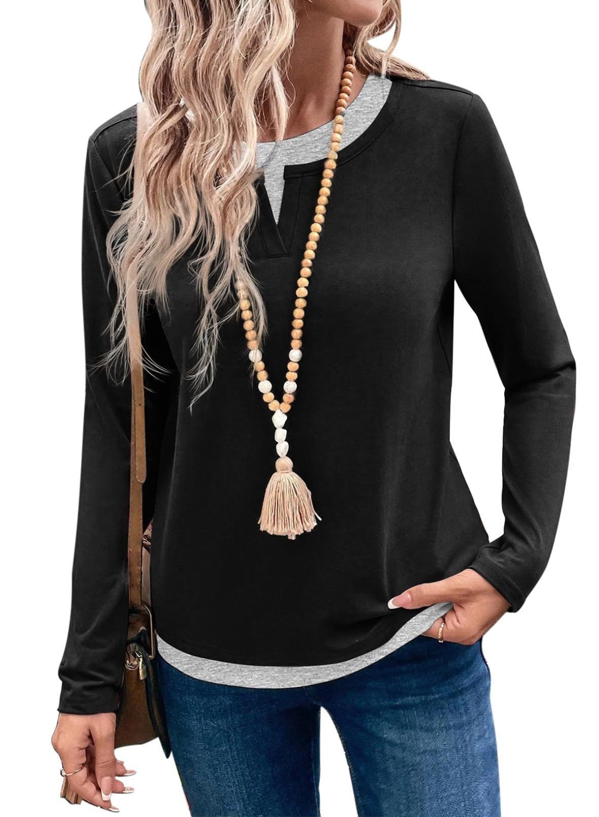 Color block layered look top split neck long sleeve