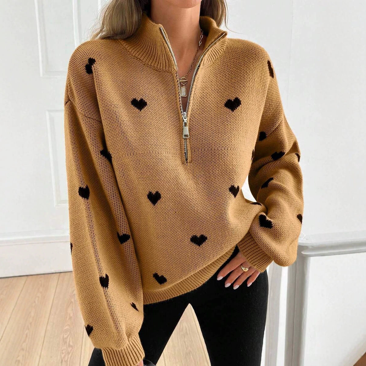 Women’s Heart Print Half Zip Wool Knit Sweater