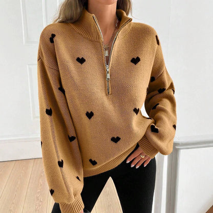 Women’s Heart Print Half Zip Wool Knit Sweater