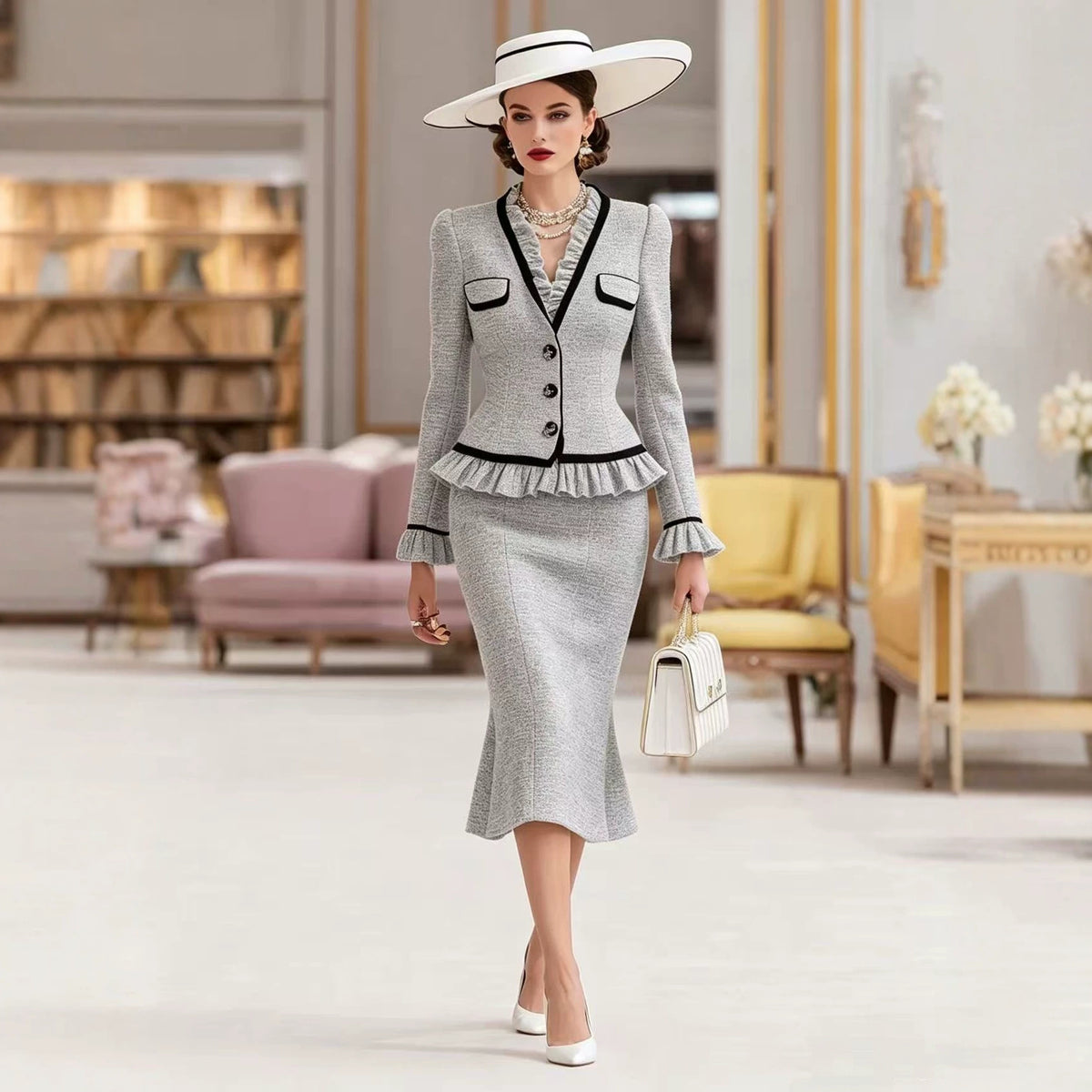 Elegant Colorblock Peplum Jacket Midi Skirt Matching Set