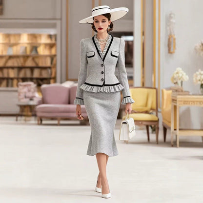 Elegant Colorblock Peplum Jacket Midi Skirt Matching Set