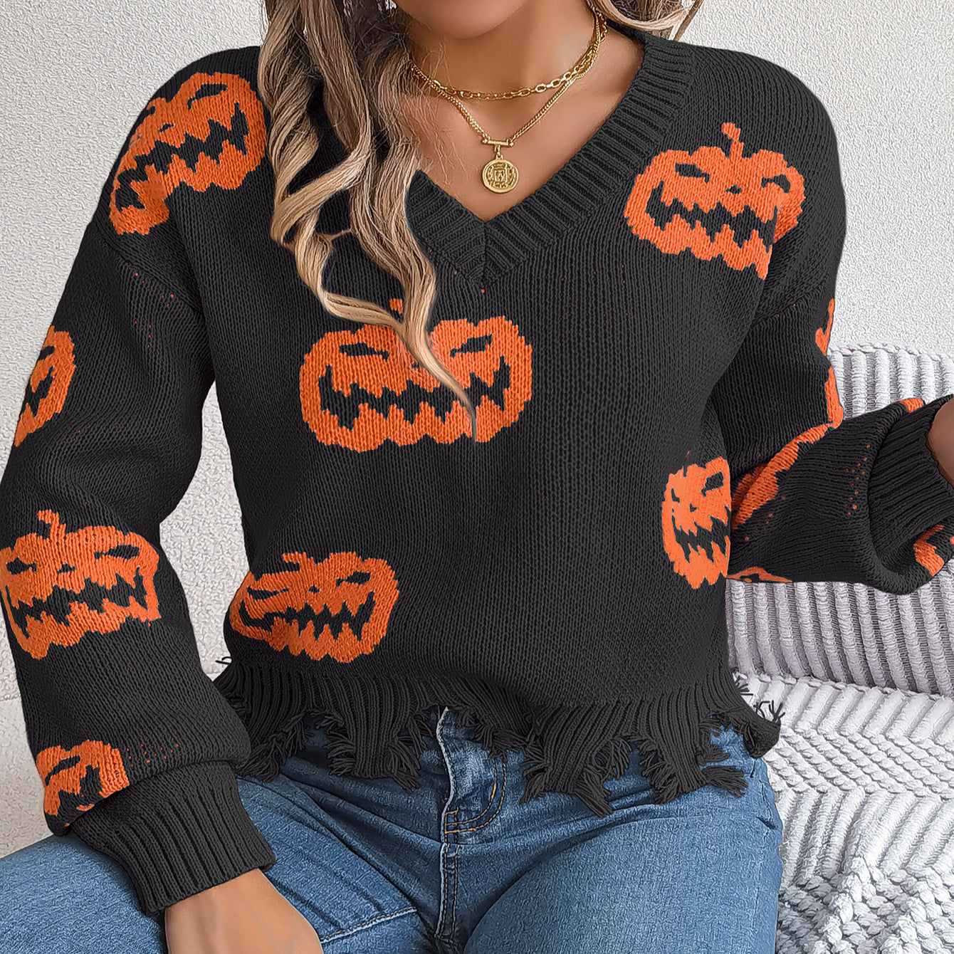 Women's Halloween Pumpkin Distressed V Neck Sweater Fall