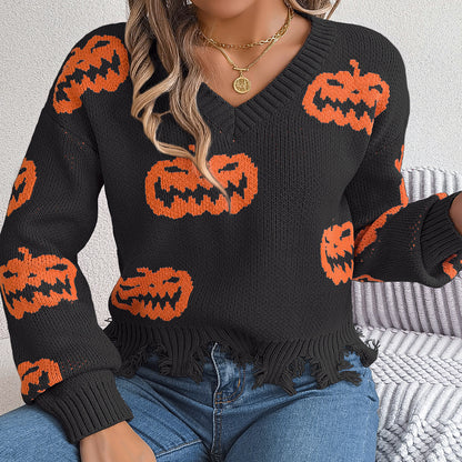 Women's Halloween Pumpkin Distressed V Neck Sweater Fall