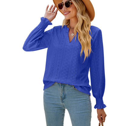 Women's Eyelet V-Neck Long Sleeve Ruffle Cuff Loose Blouse