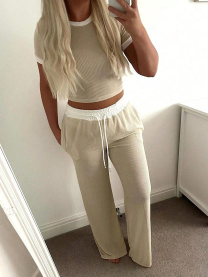 Ribbed Contrast Trim Crop Top Wide Leg Pants Set