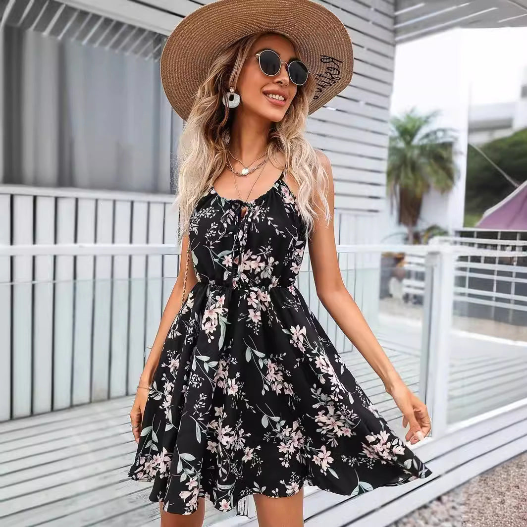 Elegant Sleeveless Pullover Dress Printed Elastic Waist Spaghetti Strap Short Skirt