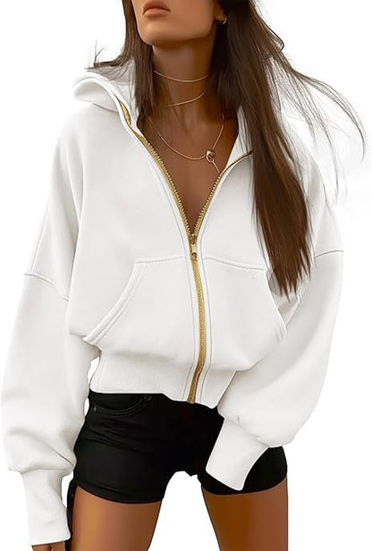 Women's Cropped Zip Up Fleece Hoodie Sweatshirt