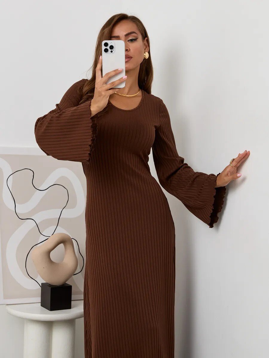 Women's Ribbed U Neck Flare Sleeve Tie Back Maxi Dress