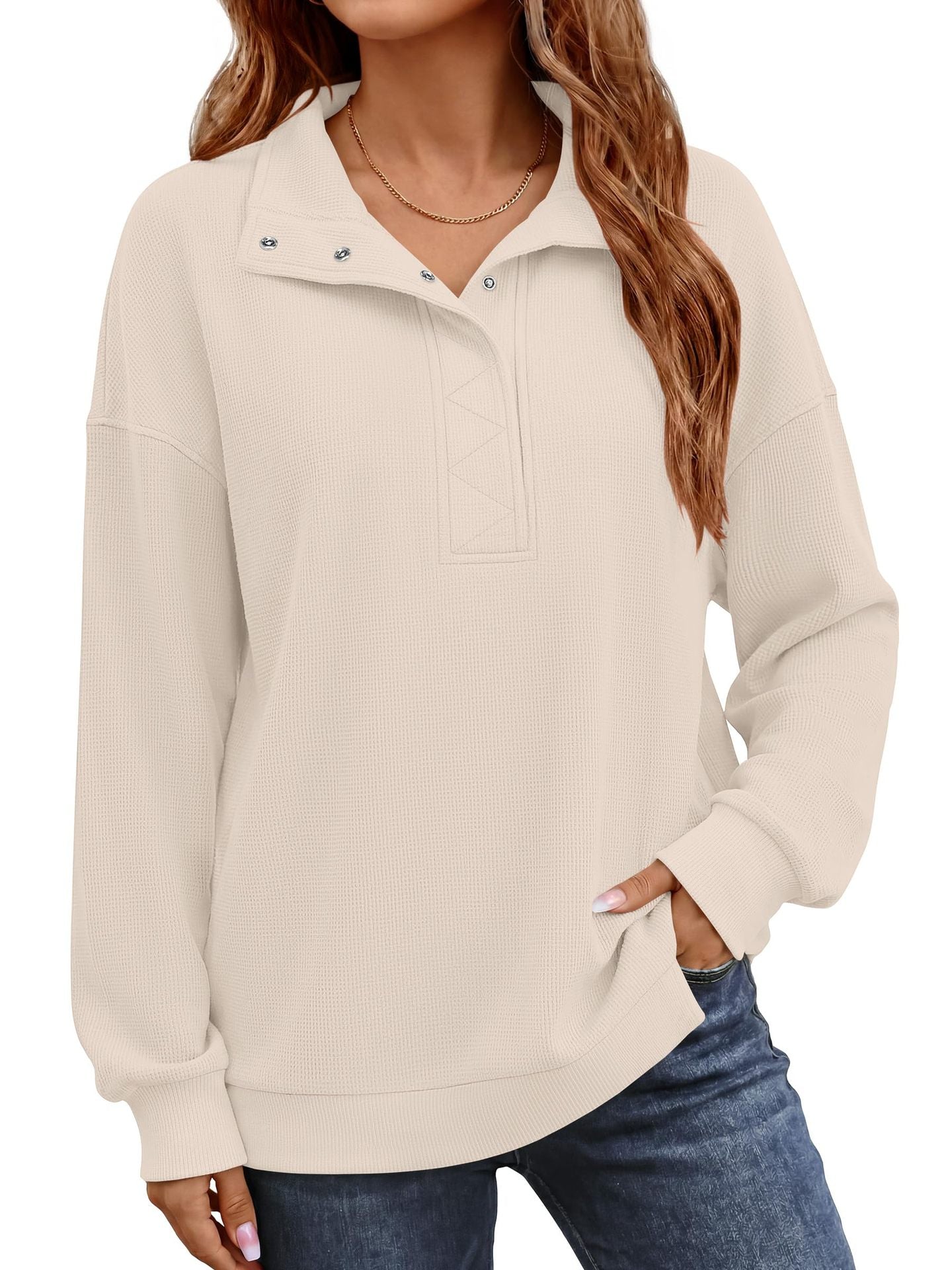 Women's Waffle Knit Oversized Button Pullover Sweatshirt