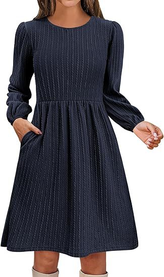 Fall Textured Knit Puff Sleeve A-Line Midi Dress