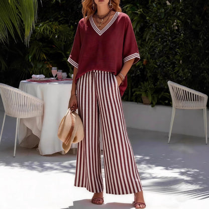 Women's Striped Wide Leg Pants V-Neck Top Two Piece Set