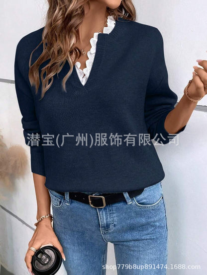 Women's Lace V-Neck Oversized Long Sleeve Knit Sweater