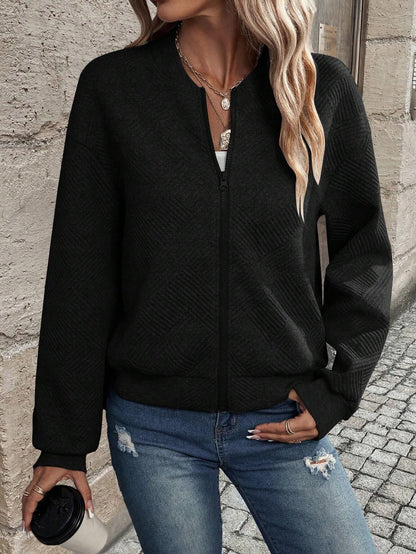 Solid quilted bomber jacket zip front relaxed fit