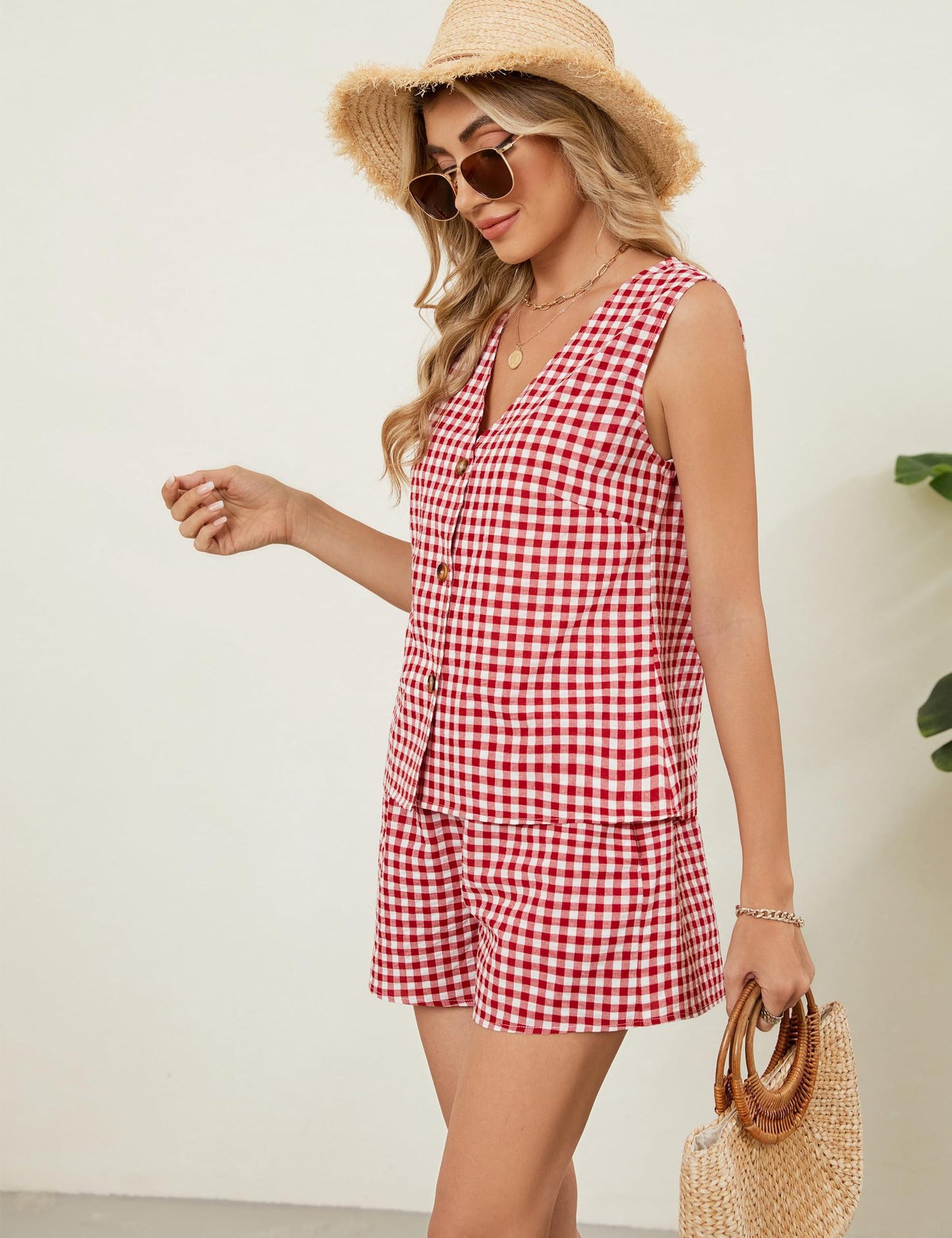 Gingham V Neck Button Vest Shorts Set Summer Outfit