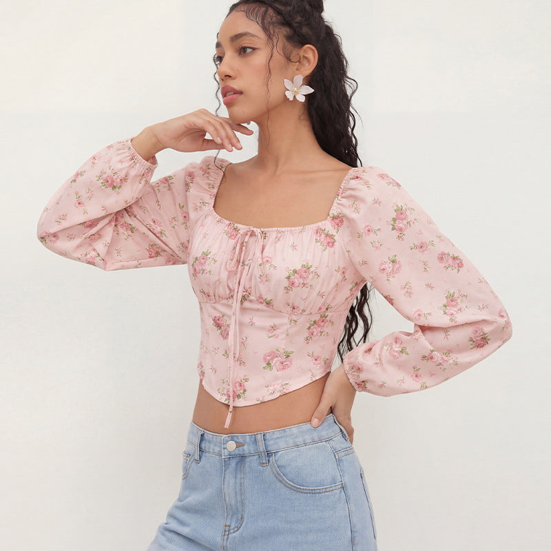 Pink Floral Square Neck Puff Sleeve Tie Front Crop Blouse