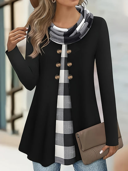 Women's Plaid Cowl Neck Tunic Sweatshirt Buttons