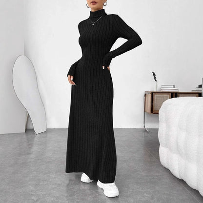 Women's Ribbed Turtleneck Long Sleeve A-Line Maxi Dress