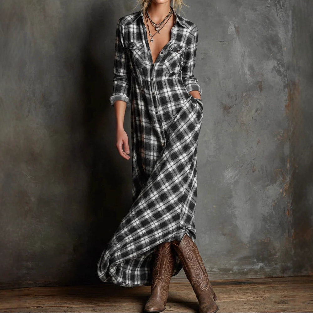 Plaid Shirt Dress Long Sleeve Maxi Casual with Pockets