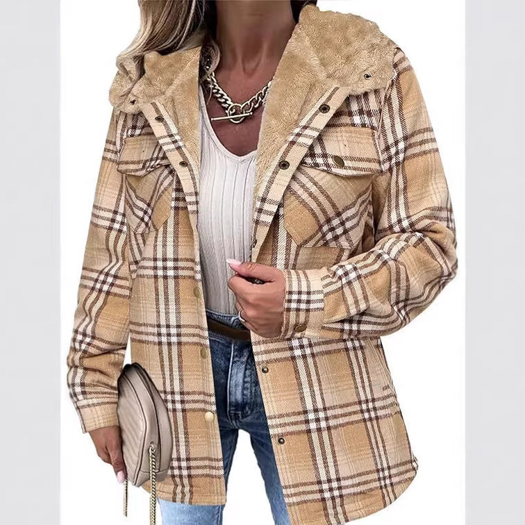 Women's Plaid Hooded Fleece Lined Wool Shacket