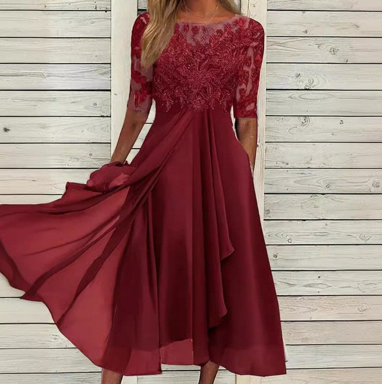 Women's Lace Chiffon Wedding Guest Midi Dress