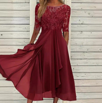 Women's Lace Chiffon Wedding Guest Midi Dress