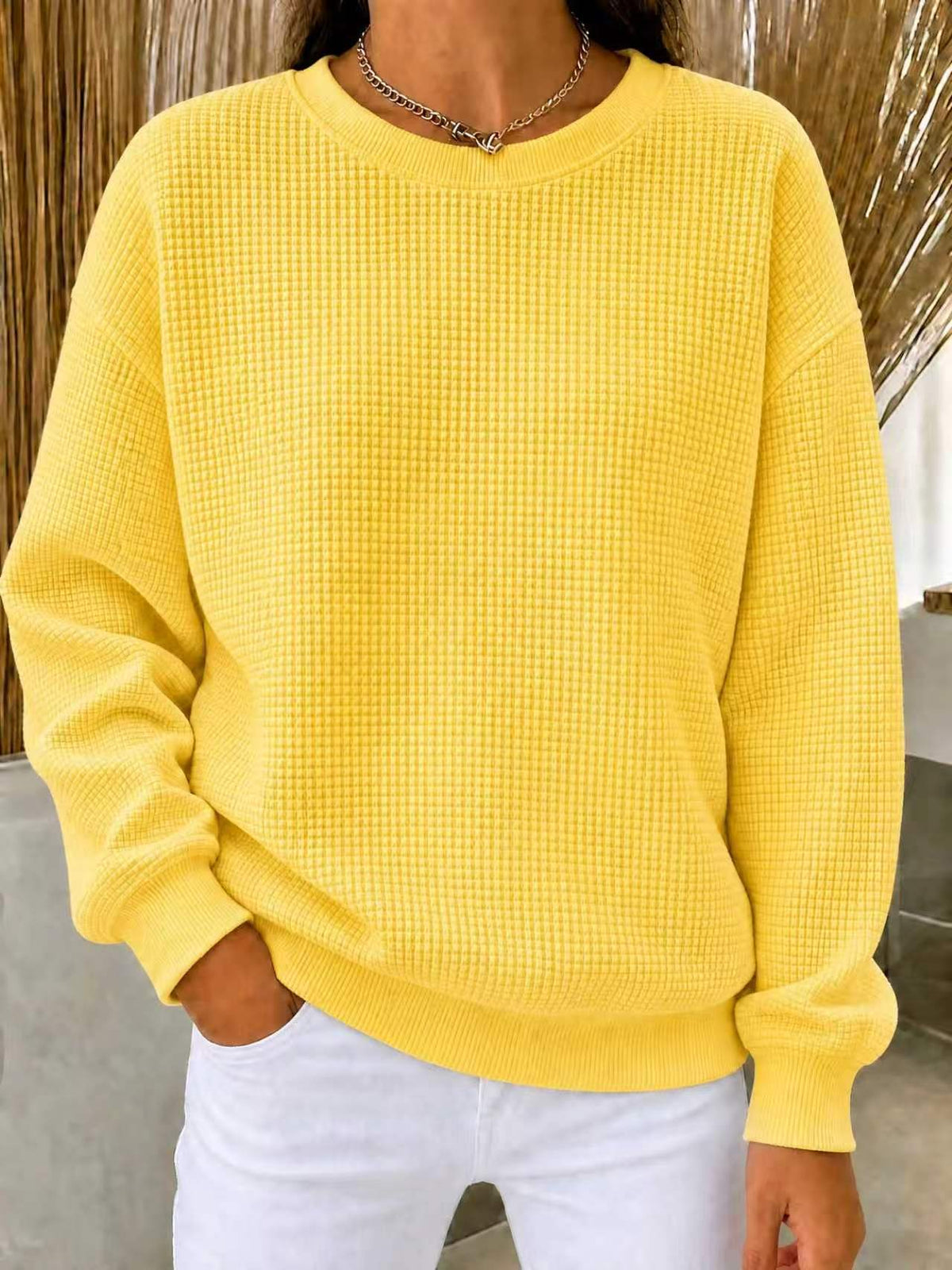 Women's Waffle Knit Oversized Crew Neck Long Sleeve Top