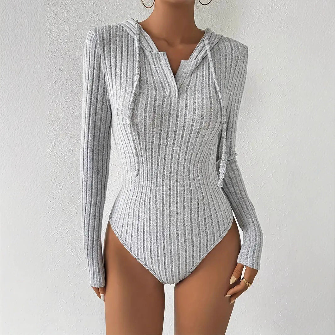 Women's Sexy Hooded Ribbed Long Sleeve Bodysuit Bodycon