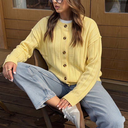 Solid Ribbed Knit Cardigan Button Front Crew Neck Sweater
