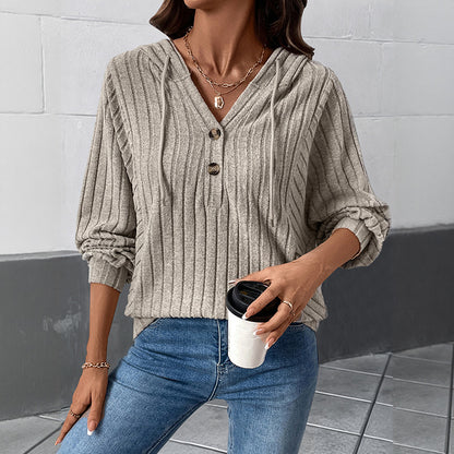 Women's Hooded Ribbed Knit Sweater Button Front Pullover