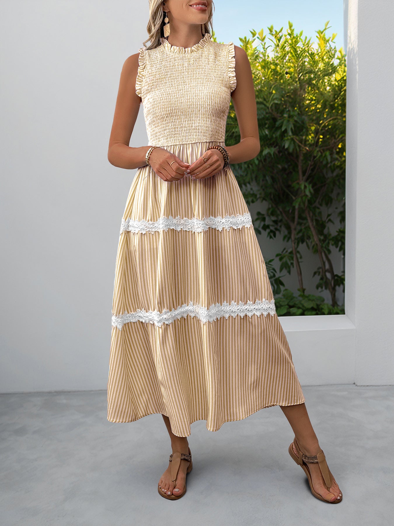 Sleeveless Striped Lace Midi Dress Ruffled A-Line Summer