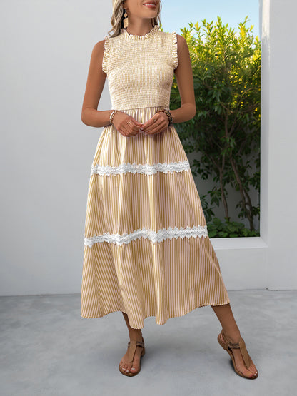 Sleeveless Striped Lace Midi Dress Ruffled A-Line Summer