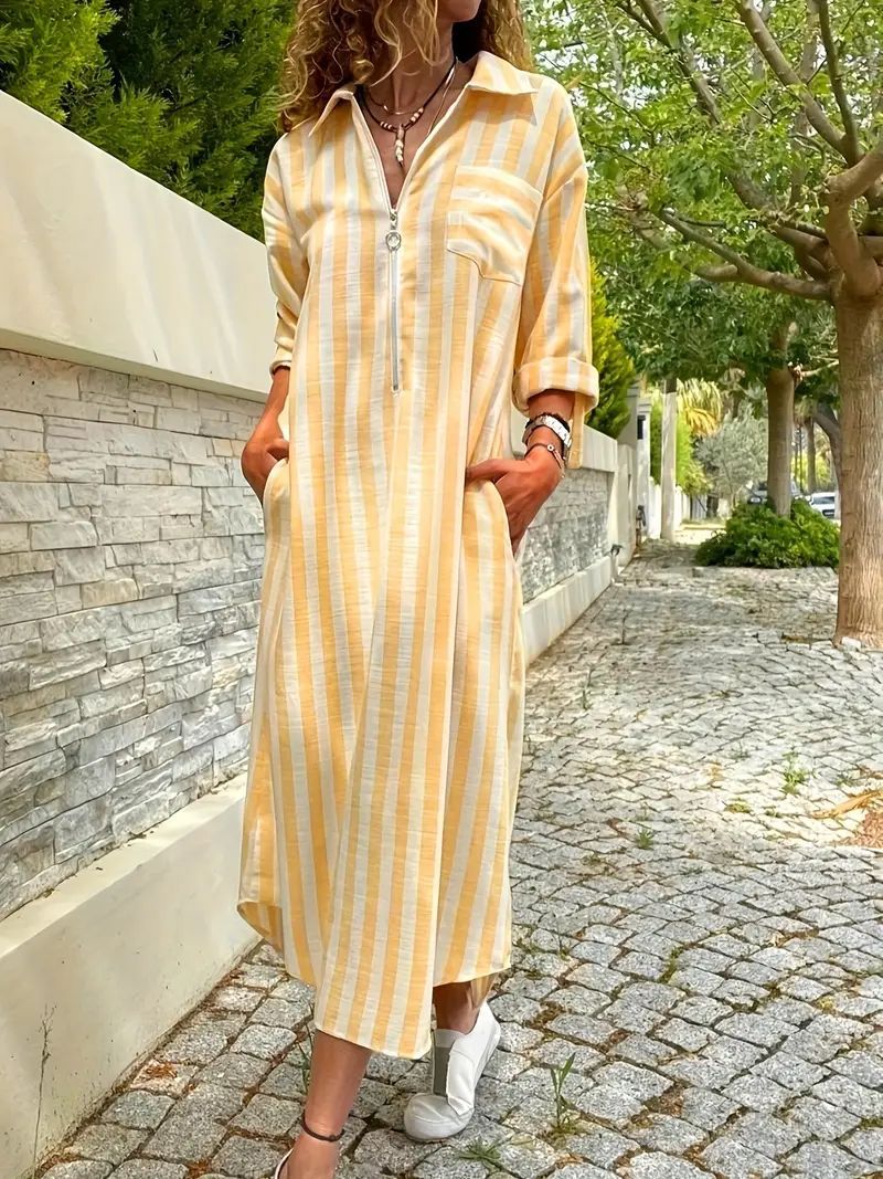 Women's Striped Maxi Shirt Dress Long Sleeve Casual A-Line