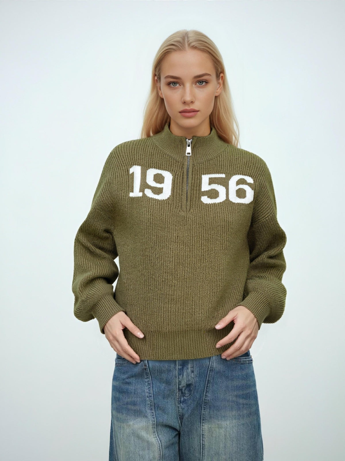 Women's Olive Green Half Zip Number Knit Sweater