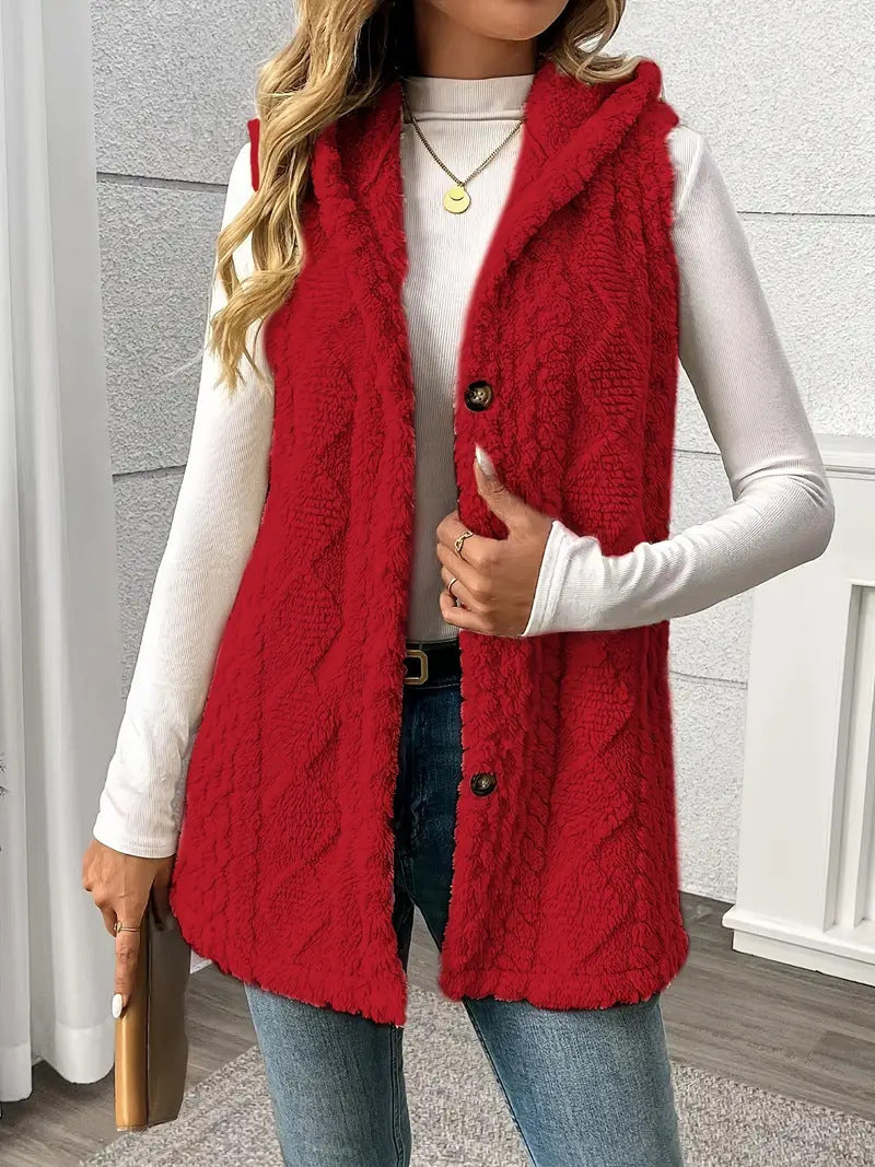 Women Sherpa Hooded Button Down Long Vest